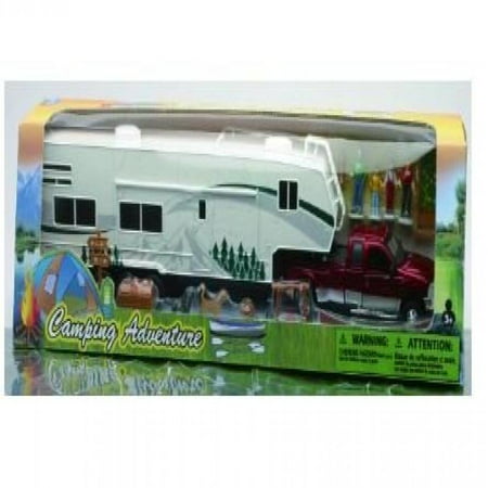 Collectible Diecast 1:32 Scale Ford Dually Pickup Model Toy Truck Replica with Fifth Wheel Camper Trailer & Camping Adventure Set with Accessories for Hobbyists, Collectors, & Kids, Red/Multicolor,