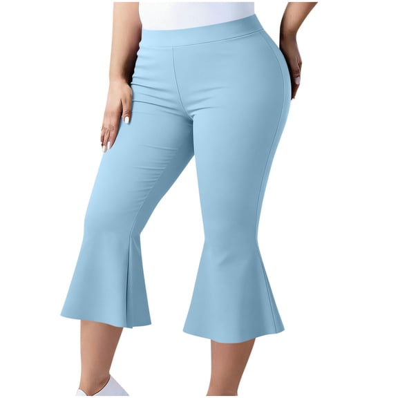 RYRJJ Womens High Waist Flare Capri Pants Plus Size Stretch Casual Ruffle Yoga Capris Pant Comfy Summer Workout Cropped Leggings(Light Blue,XXL)
