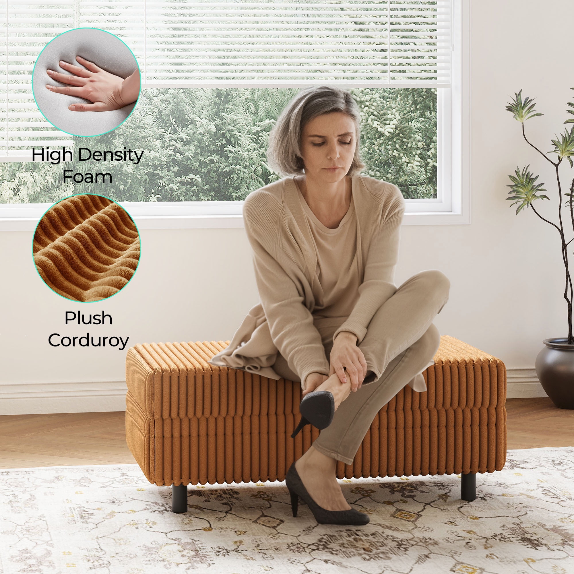 Linsy Home Plush Corduroy Storage Ottoman, Upholstered Ottoman Bench for Sofa, Coffee Table or Footrest, for Living Room, Bedroom or Entryway, Brown