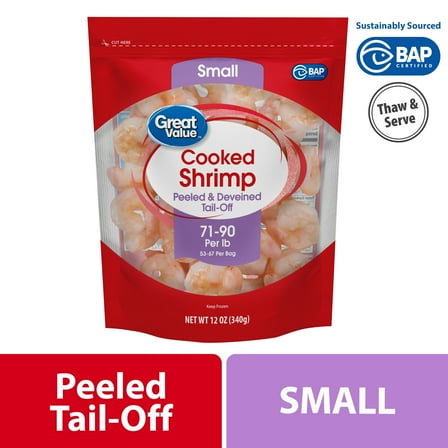 Great Value Frozen Cooked Small Peeled & Deveined, Tail-off Shrimp, 12 oz Bag (71-90 Count per lb), Contains Shellfish