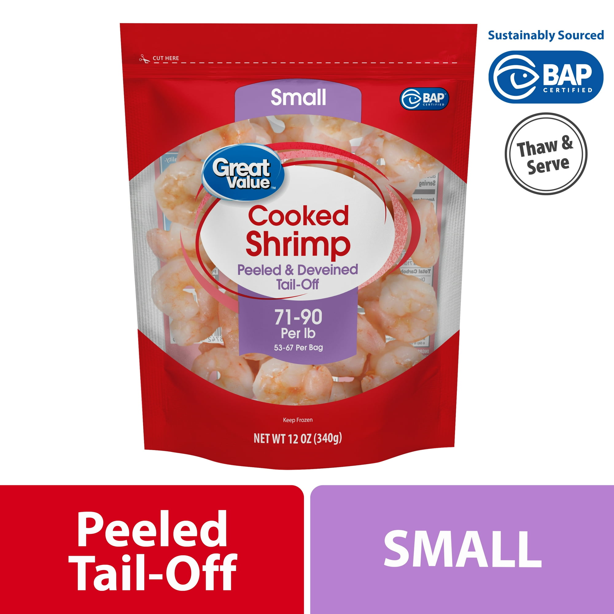 Great Value Frozen Cooked Small Peeled & Deveined, Tail-off Shrimp, 12 oz Bag (71-90 Count per lb)
