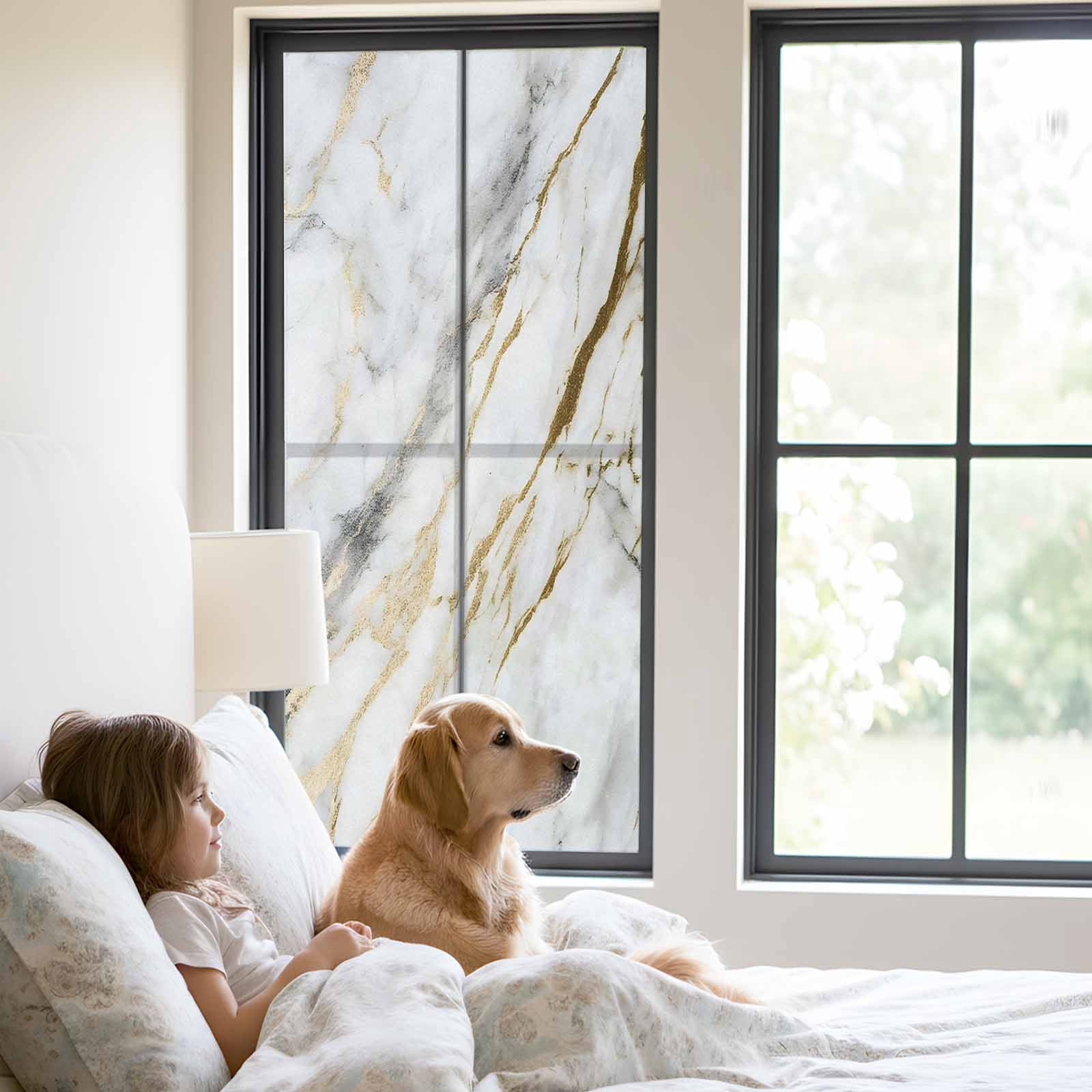 Marble White Gold Window Privacy Film, Modern Abstract Geometric Static Cling UV Sun Blocking Heat Control Window Tint Day and Night, Non-Adhesive Reusable One Way Windows Privacy Cover 23.6''x59''
