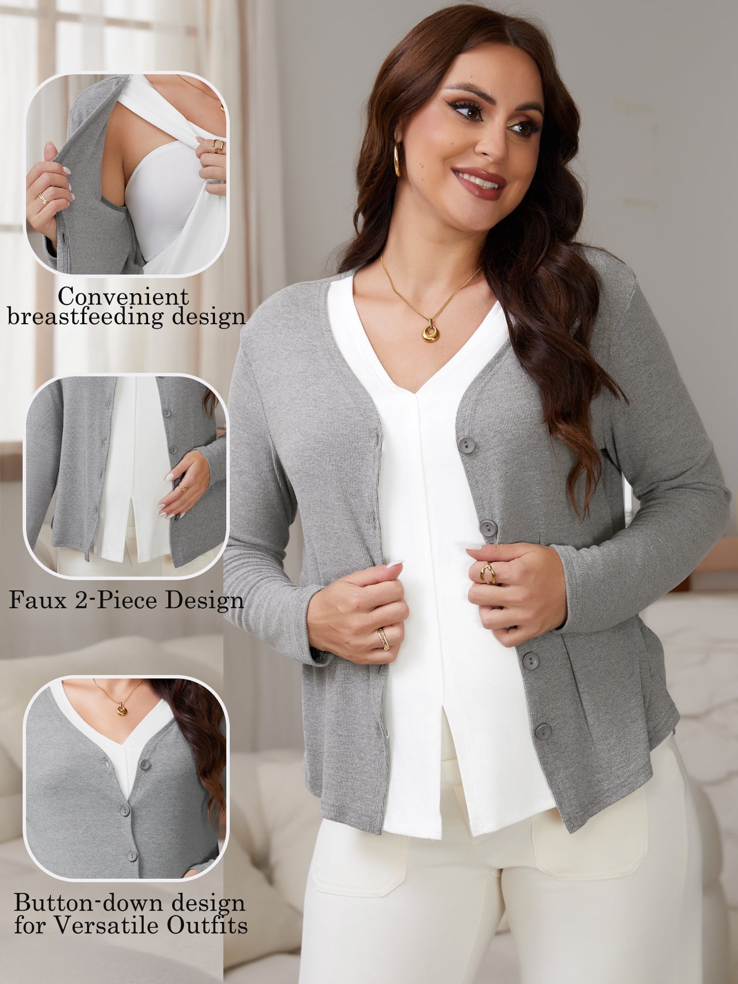 DARING DIVA Women's Nursing Maternity Faux Knit Postpartum Shirt 2-Piece XL Gray