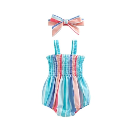 

Wassery Infant Baby Girls Summer Casual Sling Romper Striped Sleeveless Backless Bodysuits with Headband 2Pcs 0-18M