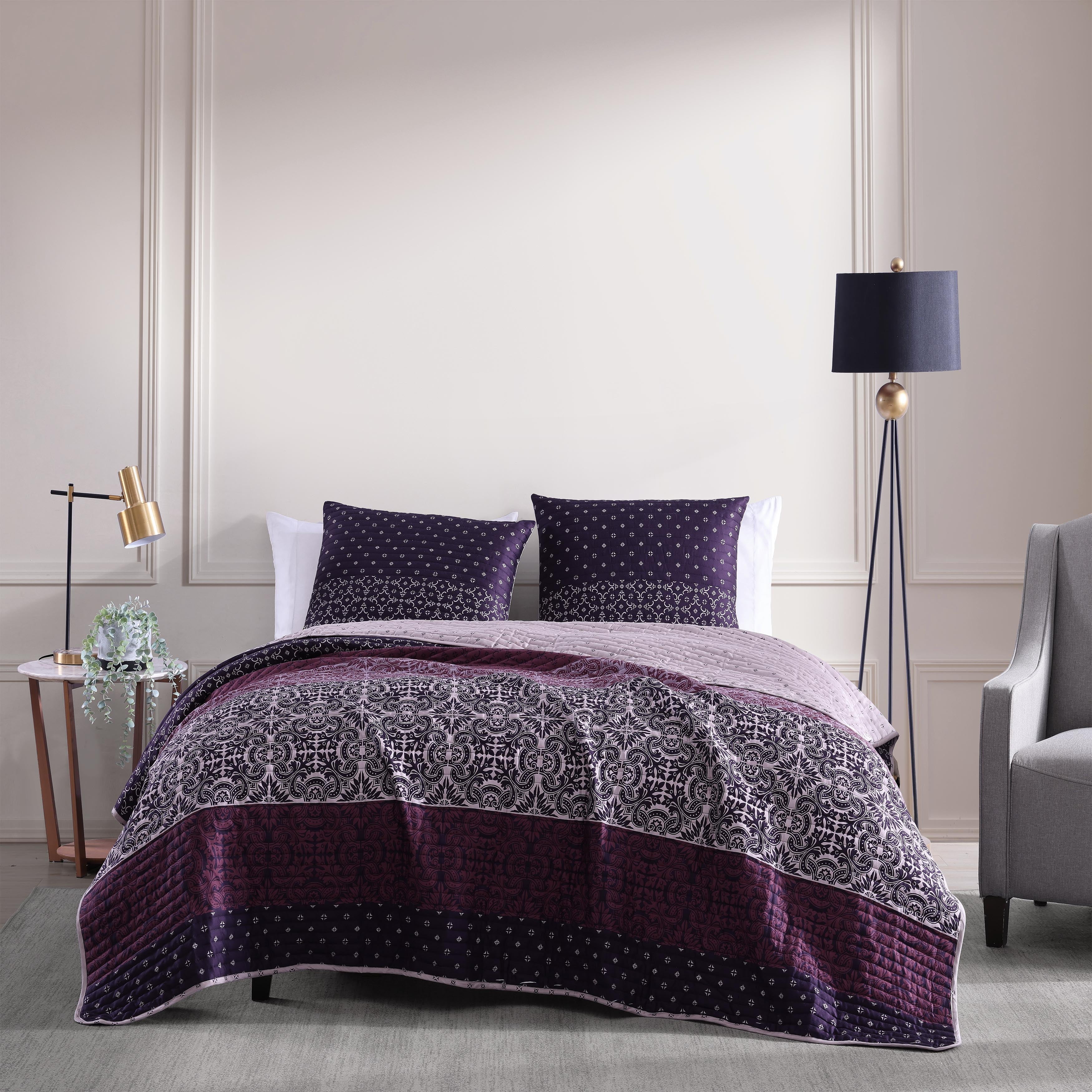 Bebejan Cordon 3 Piece Quilt Set, King, Purple, 100 Cotton Sateen, 230