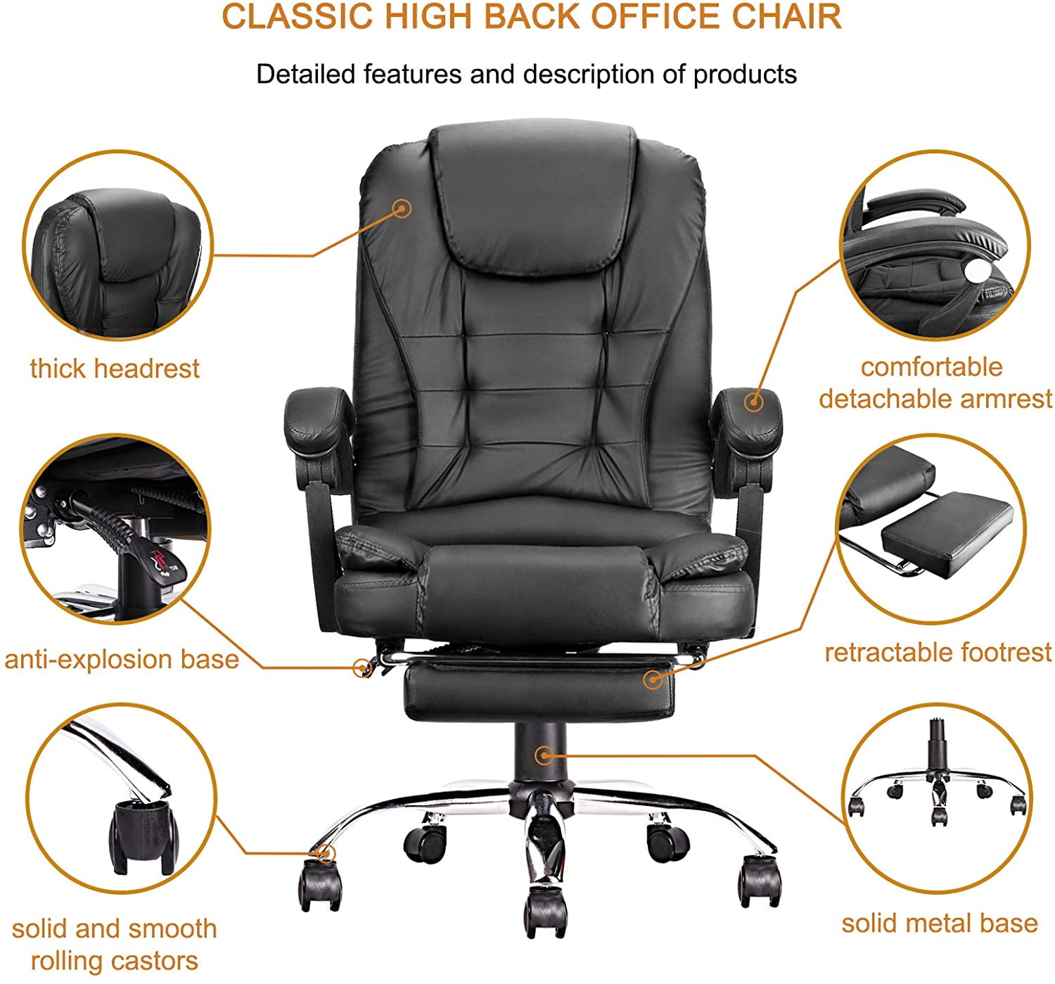 Thick Padded Seat and Backrest HALTER Executive Office Chair PU Leather Desk Chair with Smooth Glide Caster Wheels 1 Pack Black Ergonomic Design High Back Reclining Comfortable Desk Chair