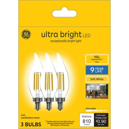 GE Ultra Bright LED Decorative Light Bulbs, Soft White, 100 Watt Eqv, Candelabra Base, 3pk