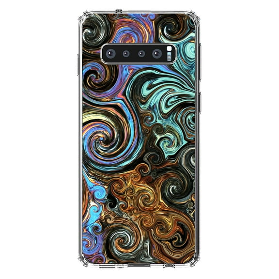 DistinctInk Clear Shockproof Hybrid Case for Samsung Galaxy S10  PLUS(6.4" Screen) - TPU Bumper, Acrylic Back, Tempered Glass Screen Protector - Gold Brown Black Blue Abstract Swirls - Abstract Swirls