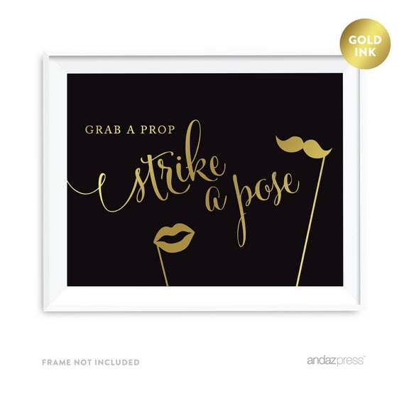 Grab a Prop & Strike a Pose Photobooth Black and Metallic Gold Wedding Signs