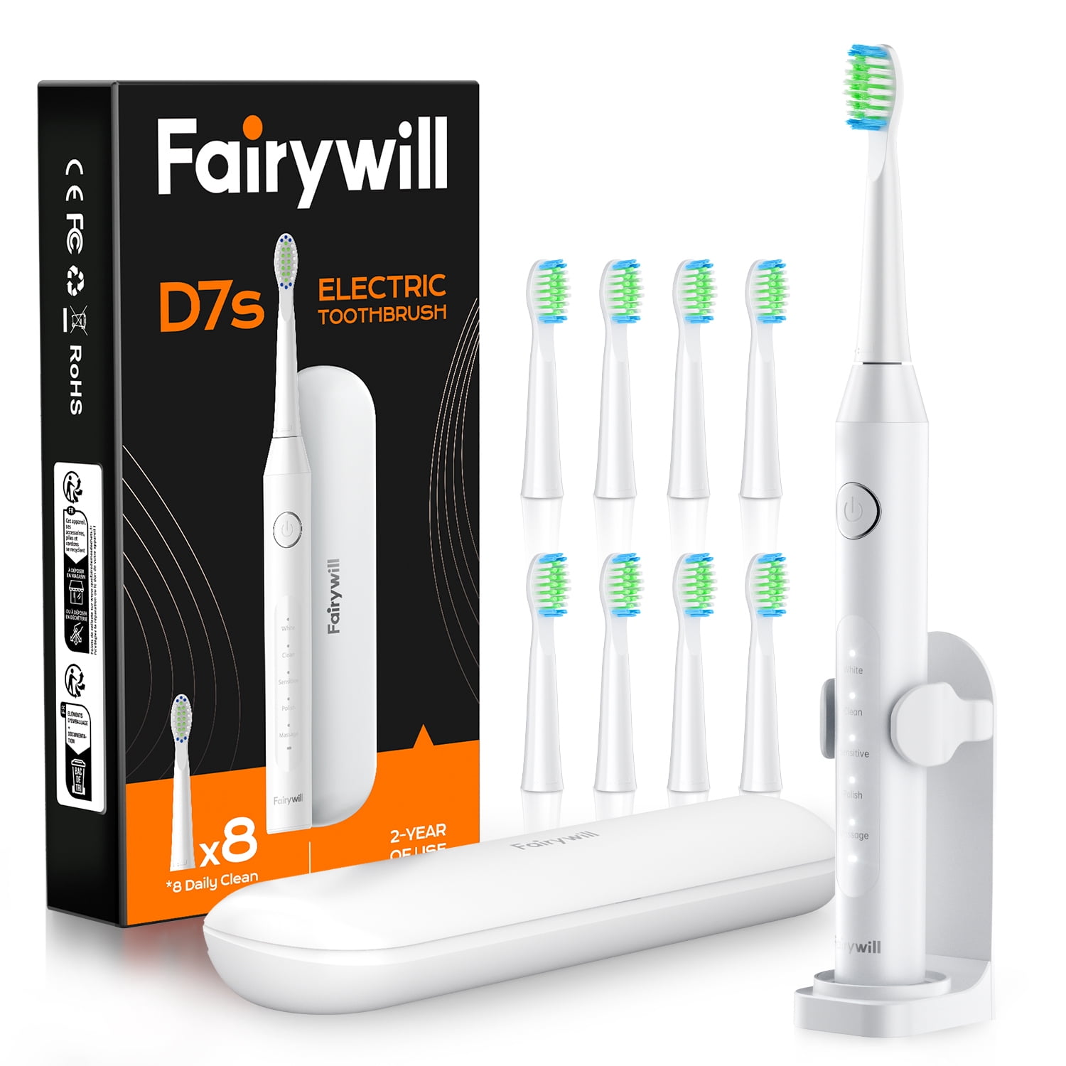 Fairywill Sonic Electric Toothbrush for Adults and Kids Rechargeable Kit with 8 Dupont Brush Heads & Travel Case 47000 VPM 5 Modes Fast Charge 60-Day Battery IPX7 Waterproof White