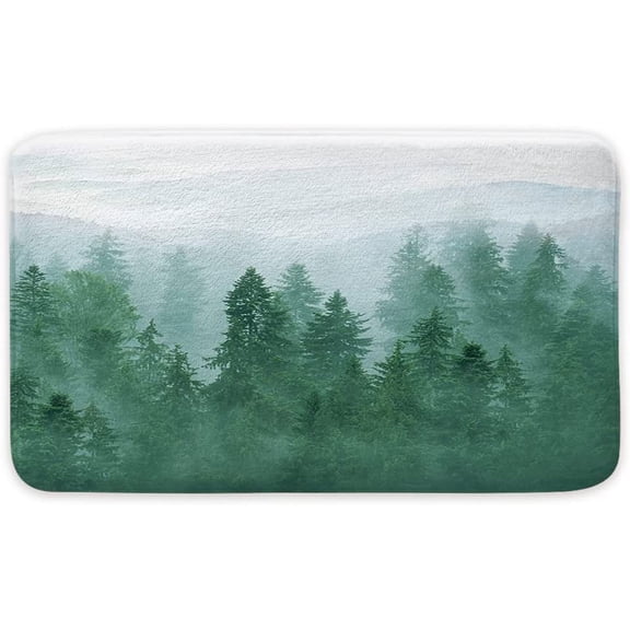 Forest Bath Mat, Misty Mountain Bath Mats, Nature Scenery Green Trees Decor Soft Bathroom Rugs 17 x 29 Inches
