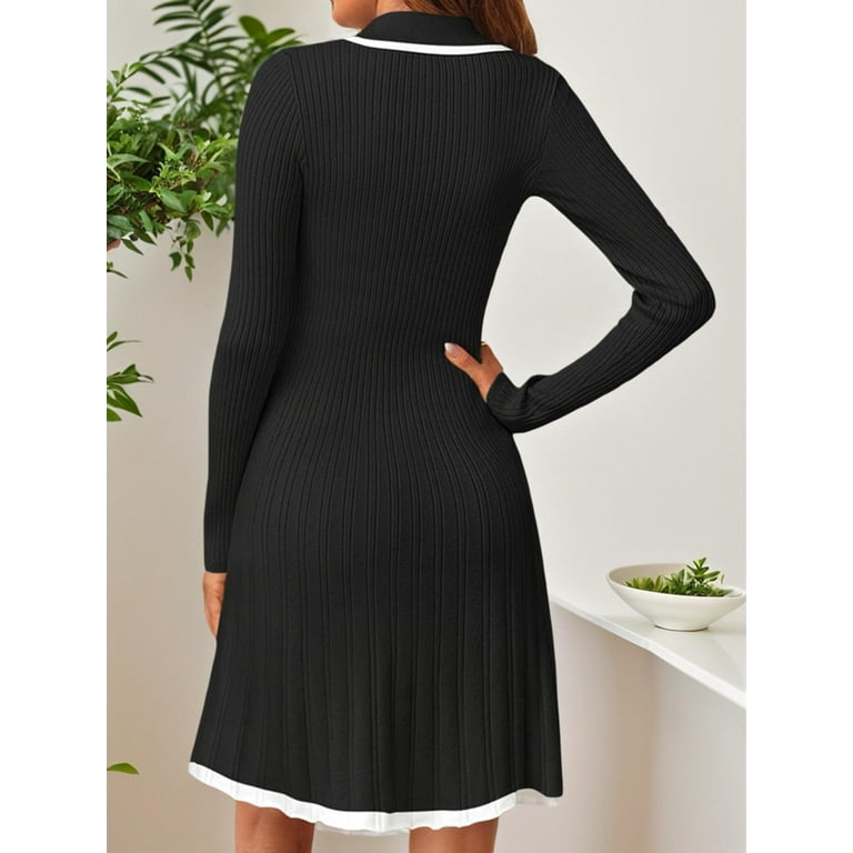 SANOPY Women's Fall Casual A-Line Mini Knit Dress Polo V-neck Long Sleeve  Ribbed Dress Pleated Sport Style Sweater Dresses - Walmart.com