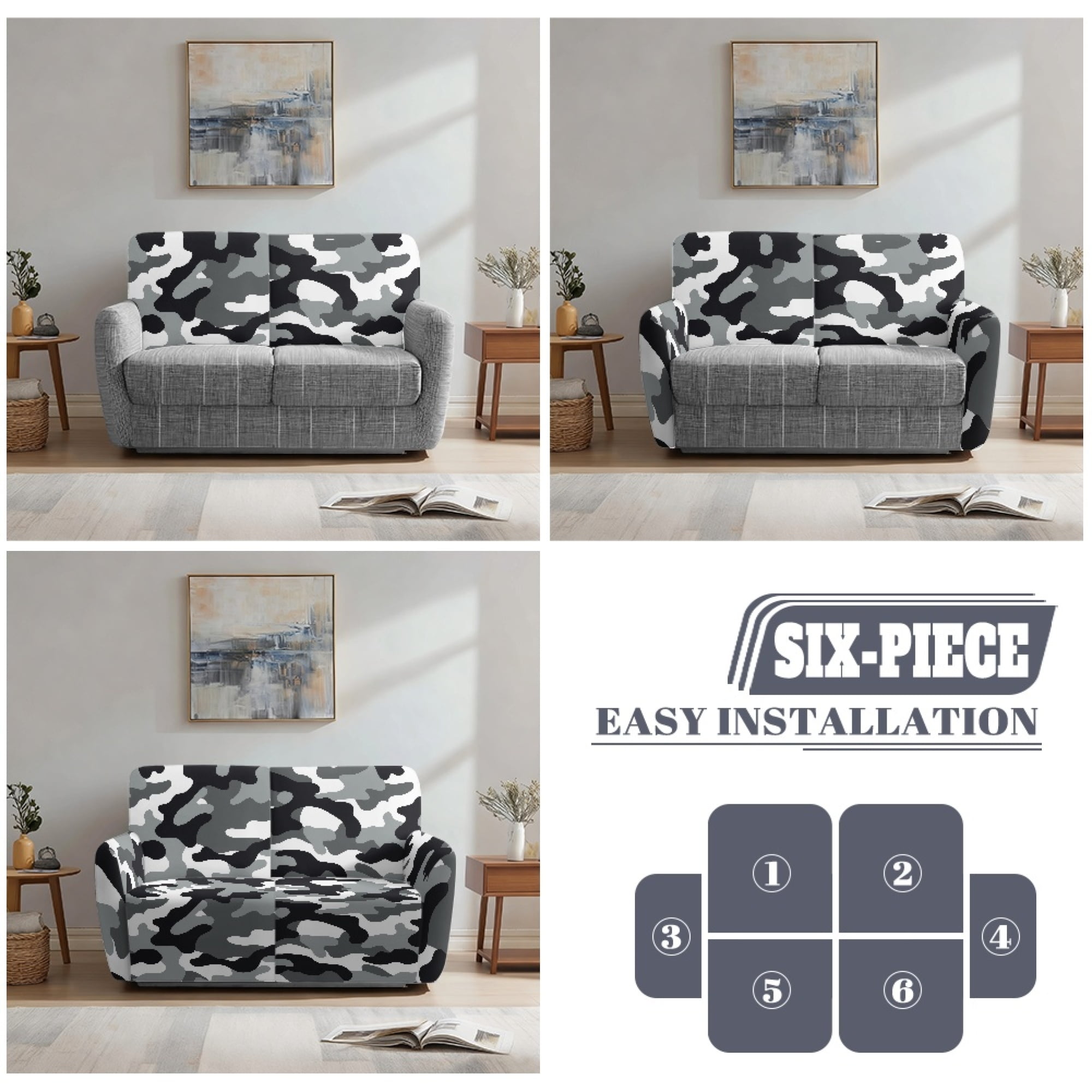 TSOVTHRID 6-Piece Loveseat Covers Black Camouflage Pattern Stretch Reclicer Love Seat Covers with Pockets Loveseat Couch Cover Furniture Protector for 2 Seat Couch Sofa