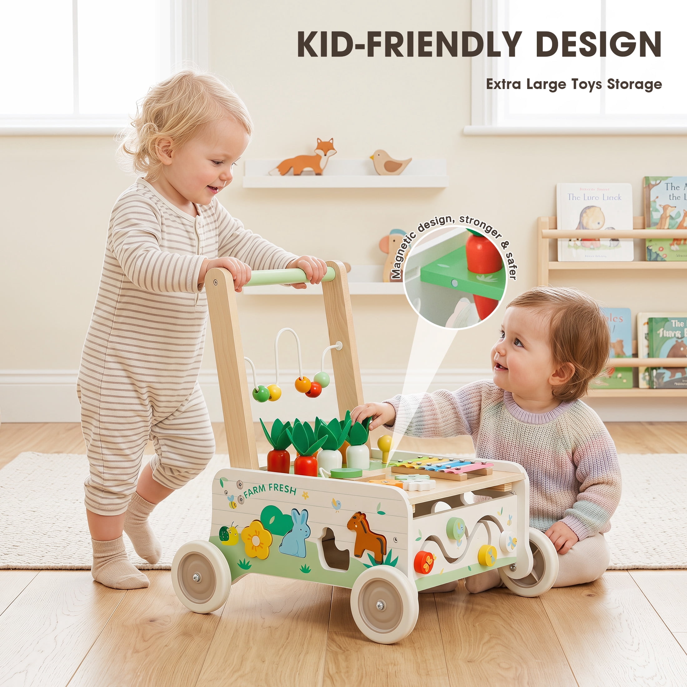 Jolie Vallee Wooden Baby Walker,Push Walker with Activity Center,Push Wlakers for Babies 18 M+,Adjustable Speed and Height Walkers for Boys/Girls
