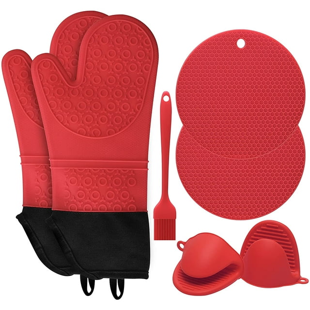 Juego de 7 guantes de horno extralargos y agarraderas para ollas, silicona antideslizante resistente al calor hasta 500 °F con forro acolchado con mini guantes de horno y almohadillas calientes para