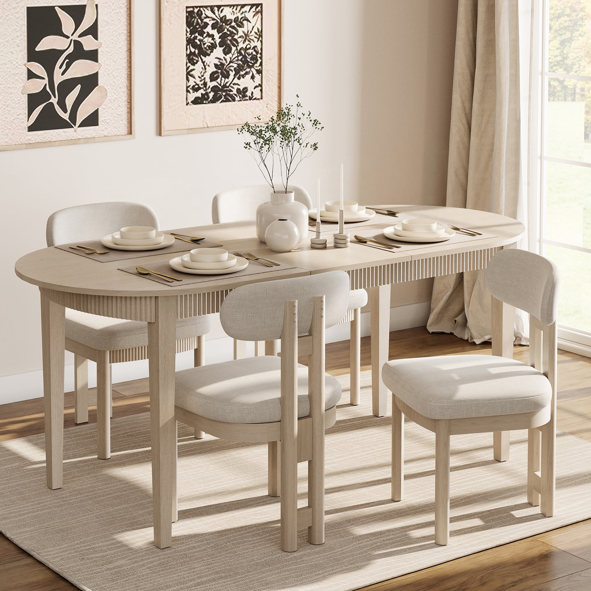 5 Piece Modern Dining Table Set, 73" Solid Wood Oval Dining Table with 4 Polyester Chairs, Dining Set with Fluted Apron for Kitchen & Dining Room