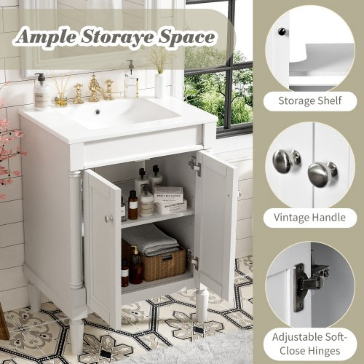 24" Bathroom Vanity with Sink, Modern Bathroom Vanity Cabinet with Ceramic Top Sink, Freestanding Storage Cabinet with 2 Doors, Solid Wood Frame, White