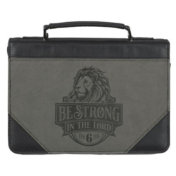 Bible Cover-Classic Faux Leather-Gray/Black Be Strong Eph. 6:10-Large
