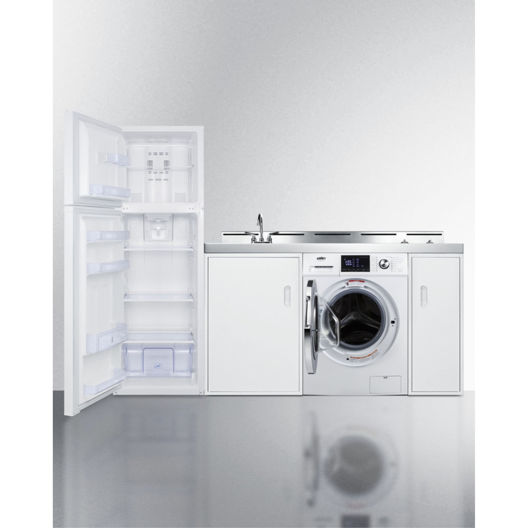 All-in-one combination kitchenette with full-sized refrigerator-freezer, 115V combo washer/dryer, sink, storage cabinet, and 2-burner coil cooktop
