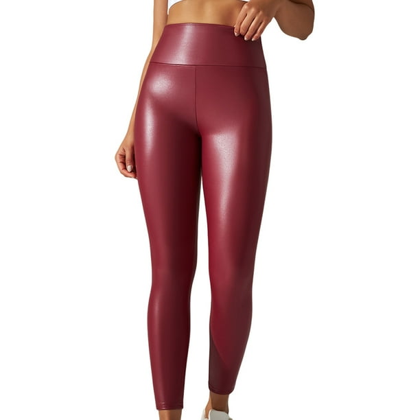 Jumpingount Mujeres PU Leggings de cuero Pantalones de yoga Flacos Push Up Color solido Medias de ocio Tamano grande Fiesta de baile diario Rojo Type3