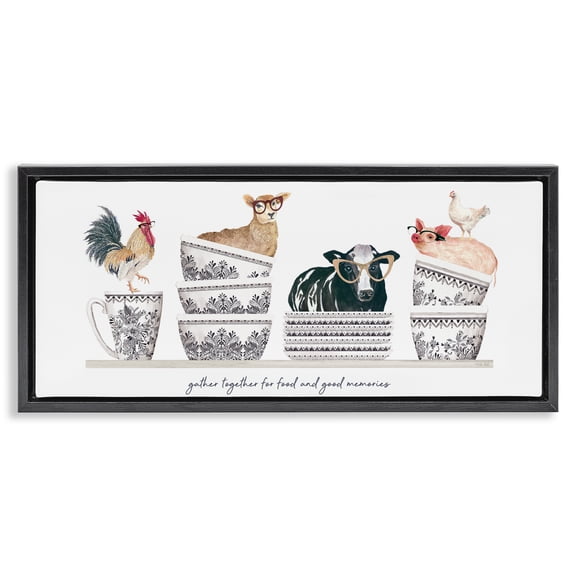 Stupell Industries Farmhouse Gather for Food Animal Bowls Black Floating Frame Canvas Art, 25 x 11, by Cindy Jacobs