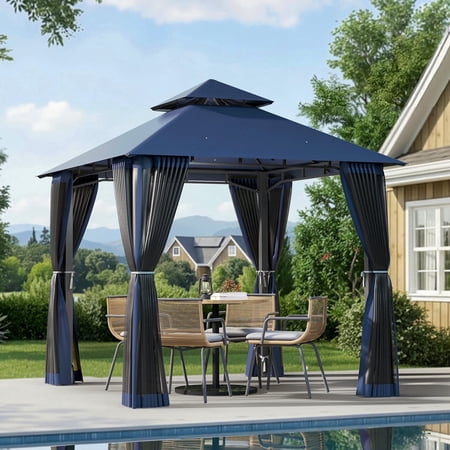 BREEZESTIVAL 8X8ft Patio Gazebo Outdoor Gazebo with Double Roof Metal Frame Canopy Carpas Para Patio Heavy Duty Shelter with Mosquito Net Screen for Backyard Lawn Garden Deck(Blue)