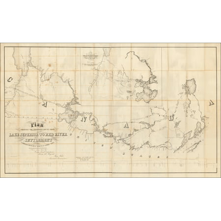 LAMINATED POSTER Plan Shewing The Proposed Route From Lake Superior To Red River Settlement Compiled From Messers Dawson & Napiers Maps . . . . Toronto 9th May 1858 POSTER PRINT 24 x (Map Multiple Locations Best Route)