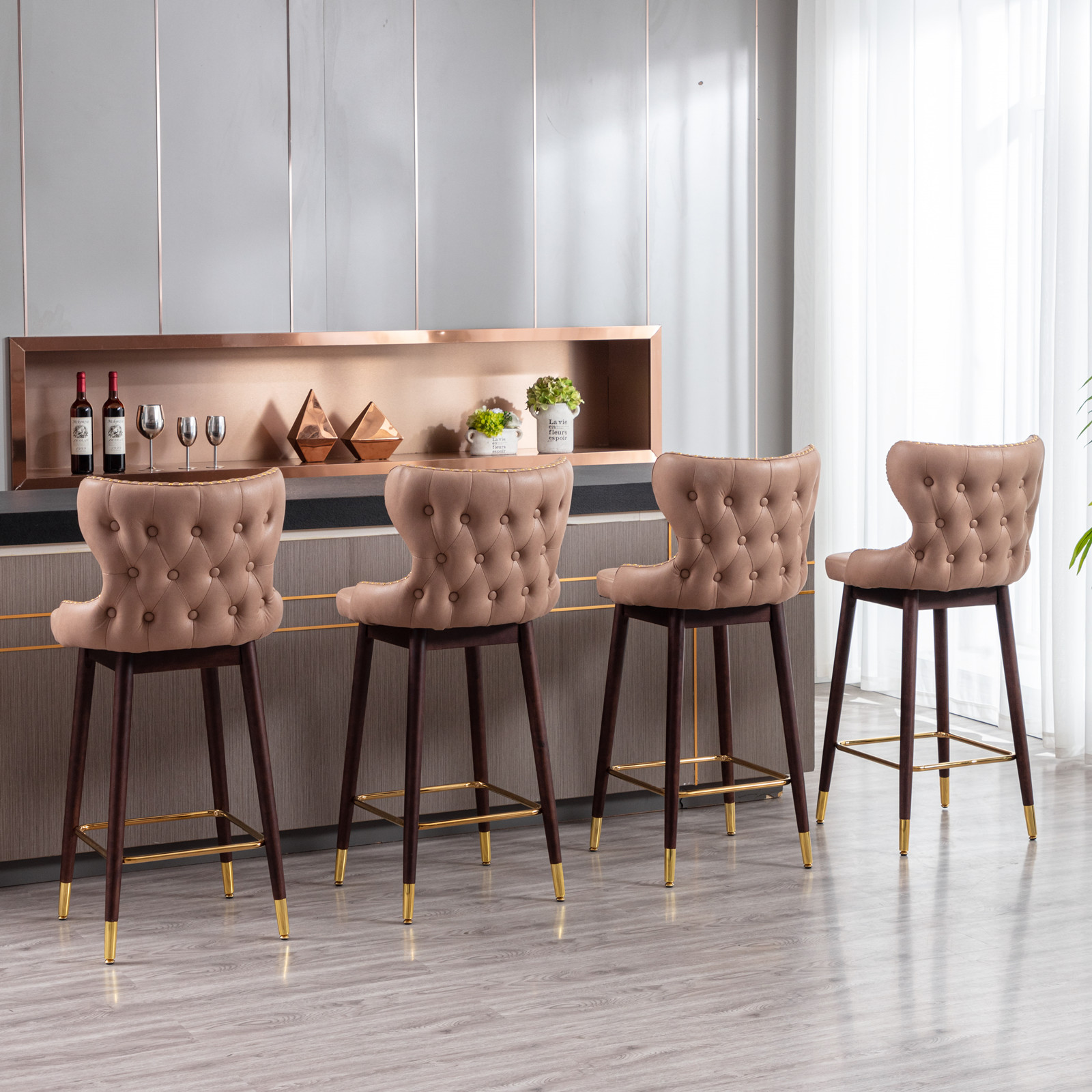 Yardi Yard Modern Leathaire Set of 2 Bar Stools with Back, 29.9" Tufted Gold Nailhead Trim Counter Height Stools for Pub Kitchen, Khaki Yardi Yard Modern Leathaire Set of 2 Bar Stools with Back, 29.9" Tufted Gold Nailhead Trim Counter Height Stools for Pub Kitchen, Khaki