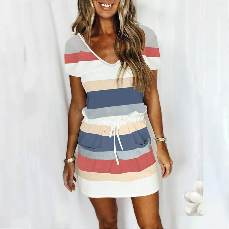 Short Sleeve Dresses for Women with Pockets Tie Waist Tummy Control Casual  Summer Tshirt Mini Dresses