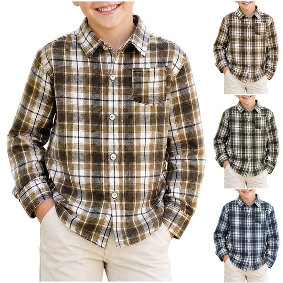 Purcolt Boys Plaid Flannel Shirts Comfort Casual Collared Long Sleeve Button Down Shirt Fall Winter Shacket Family Matching Outfits for 1-11Years