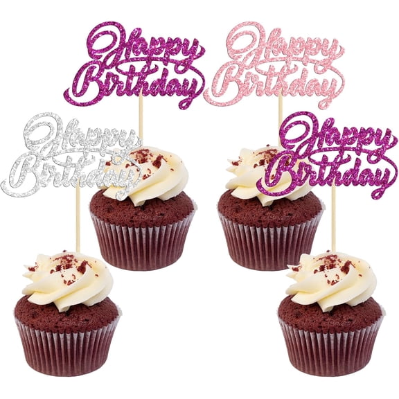 12Pcs Glitter Happy Birthday Cupcake Toppers, 4 Colors Purple Pink Silver Picks for Birthday Party Cake Decorations