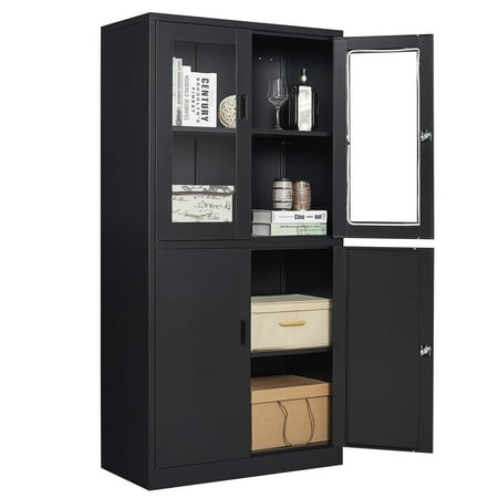 Fesbos Metal Storage Cabinet for Home Office 71 Glass Lockable Door 2 Adjustable Shelf Organizer Pantry Locker