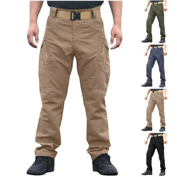 RYDCOT Men's Solid Color Elastic Waist Cargo Pants Sports Outdoor Hiking Multi Pocket Pants Khaki 10(XL)