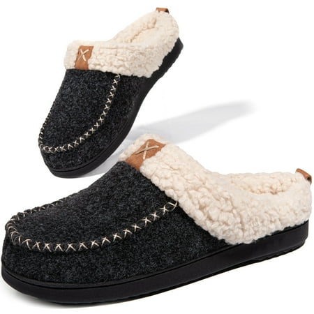 

LongBay Women s Wool Felt Sherpa Memory Foam Fuzzy Slippers with Plush Fleece Lining Slip on Moc Clogs Indoor Or Outdoor