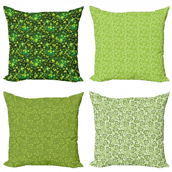 Ambesonne St. Patrick's Day Throw Pillow Cover 4 Pack, Lines and Leaves, 20", Green Pale Green