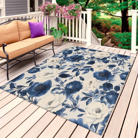Navy Blue Beige Peony Outdoor Rug 3x5 Ft, Non Slip Washable Area Rug, Vintage Floral Blossom Botanical Patio Rugs Carpet Runner, Large Floor Mat for Indoor/Outdoor Deck Porch Camping