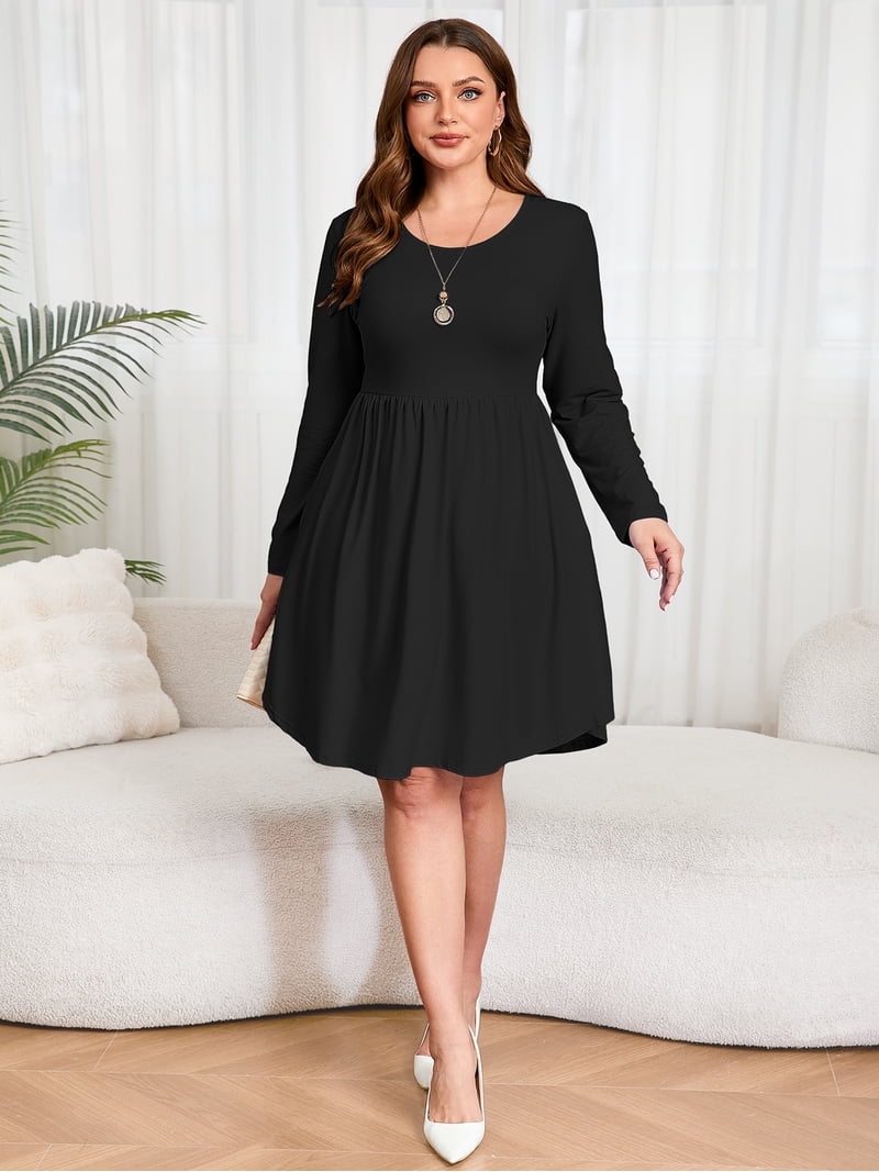 Plus Size Jersey Knit Swing Dress SHOWMALL Women's Plus Size Swing Dress  Long Sleeve With Pockets