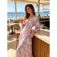thumbnail image 4 of Women's Boho Floral Print Maxi Dress Long Sleeve V Neck Side Lace Up Bell Sleeve Vacation Swing Dress, 4 of 7