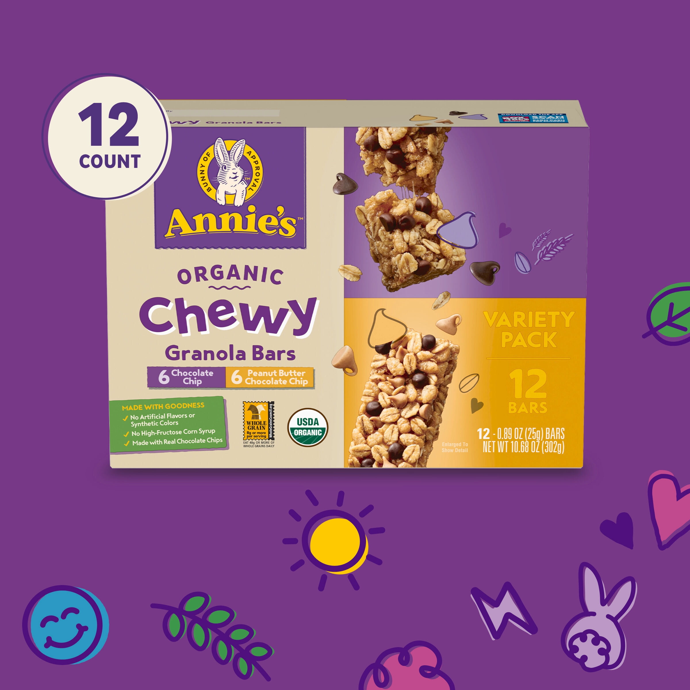 (2 pack) Annie's Organic Chewy Granola Bars, Peanut Butter Chocolate Chip, 12 ct