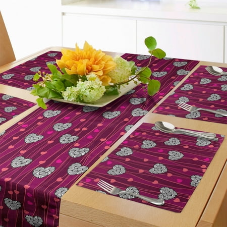

Romantic Table Runner & Placemats Zentangle Hearts and Swirling Waves Set for Dining Table Decor Placemat 4 pcs + Runner 16 x90 Magenta Raspberry White by Ambesonne