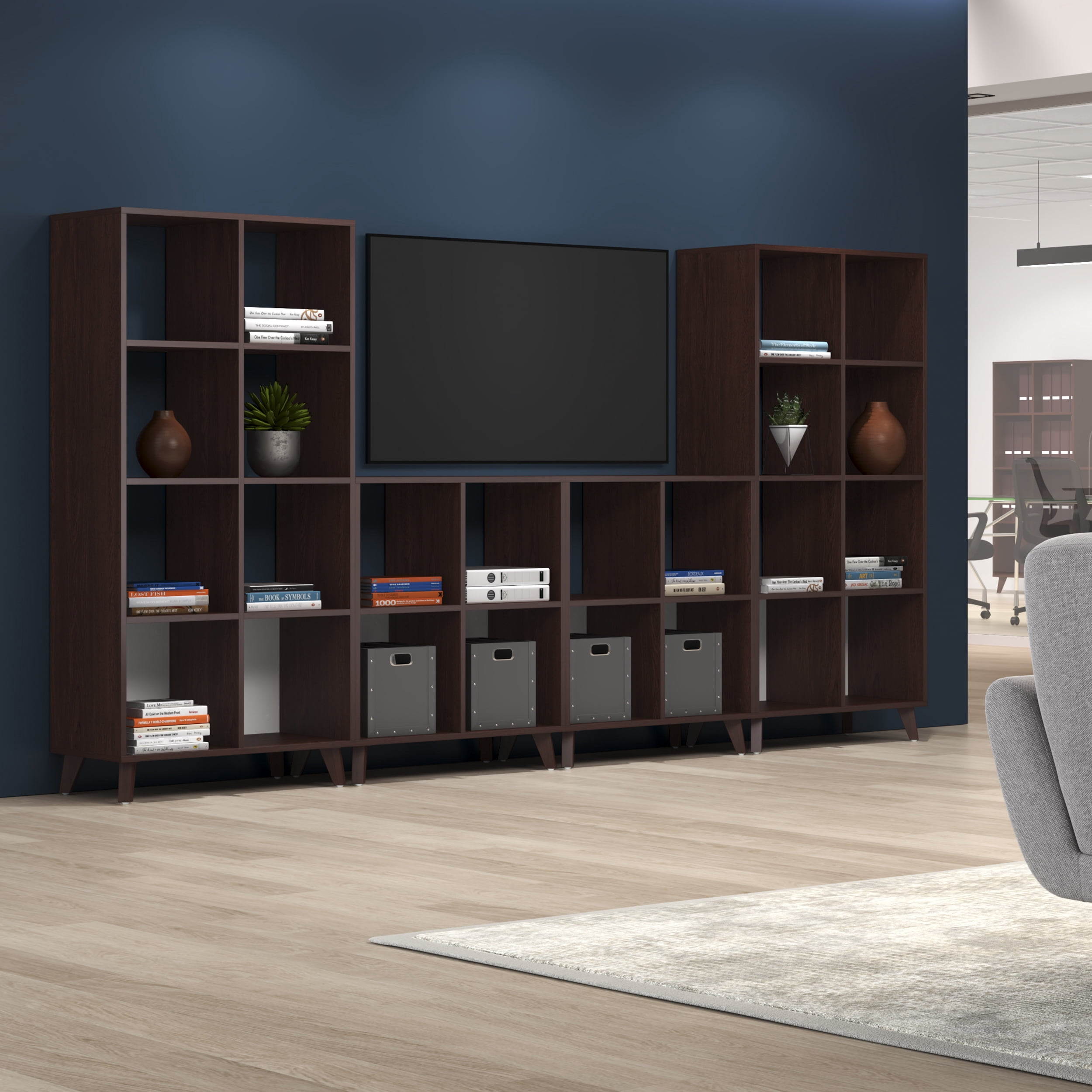 HON Basyx Commercial-Grade 66" High Modern Cube Bookcase, Real Wood Feet, Walnut (BSXCUBETMWMW)
