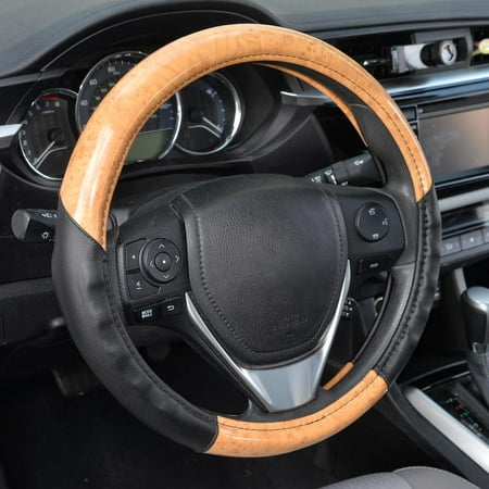 ACDelco Car Steering Wheel Cover Two Tone Synthetic Leather Black Comfort Grip & Light Wood
