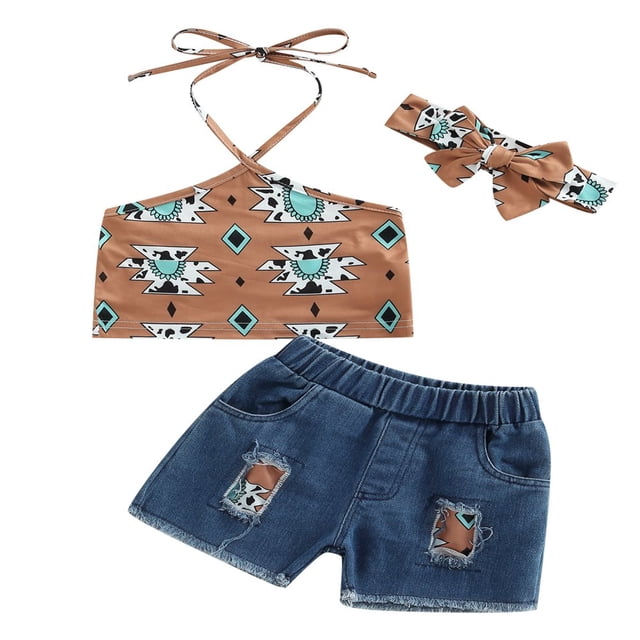 Hauts Courts à Imprimé Vache pour Bébés Filles Western Jeans Déchirés
