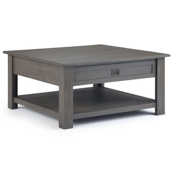 Simpli Home Monroe Solid Acacia Wood Coffee Table with Two Drawers and Open Storage, Farmhouse Gray