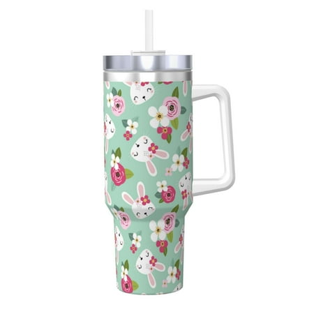 

Zeuib Bunny And Rose Printed Insulated Stainless Steel Hot/Cold Coffee Cup 40oz Ice Bully With Handle Tumbler with Straw and Handle Insulated Water Bottle Travel Mug Cup