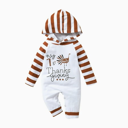 

Aompmsdx Baby Girls Boys Striped Thanksgiving Turkey Autumn Hooded Long Sleeve Romper Jumpsuit Clothesparty Dresses