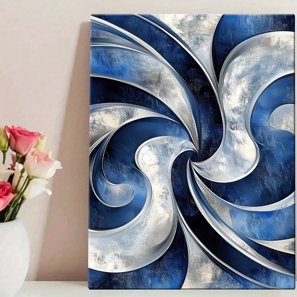 1 Item Abstract Swirls in Blue And Silver Canvas Poster with Wooden Frame - Modern Art Deco Style Wall Decor, Waterproof, Easy to Hang, Suitable for Living Room, Bedroom, Home Office - Unique Gift