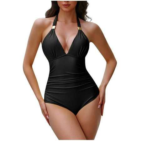 Virmaxy Women s Solid Color One-Piece With Bra Pads Without Steel Support Splicing Sexy Backless Strappy One-Piece Swimsuit For Pool Party Vacation Black-2 XL