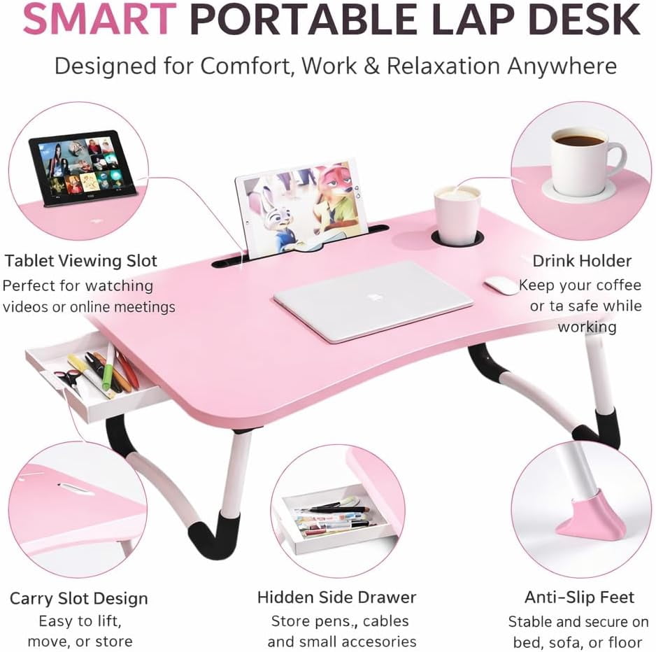 WSA Foldable Lap Desk with Drawer & Cup Holder, 23.6” Portable Laptop Bed Tray Table with Tablet Slot, Non-Slip Laptop Desk for Bed Couch Sofa, Working Writing Eating Breakfast (Pink)