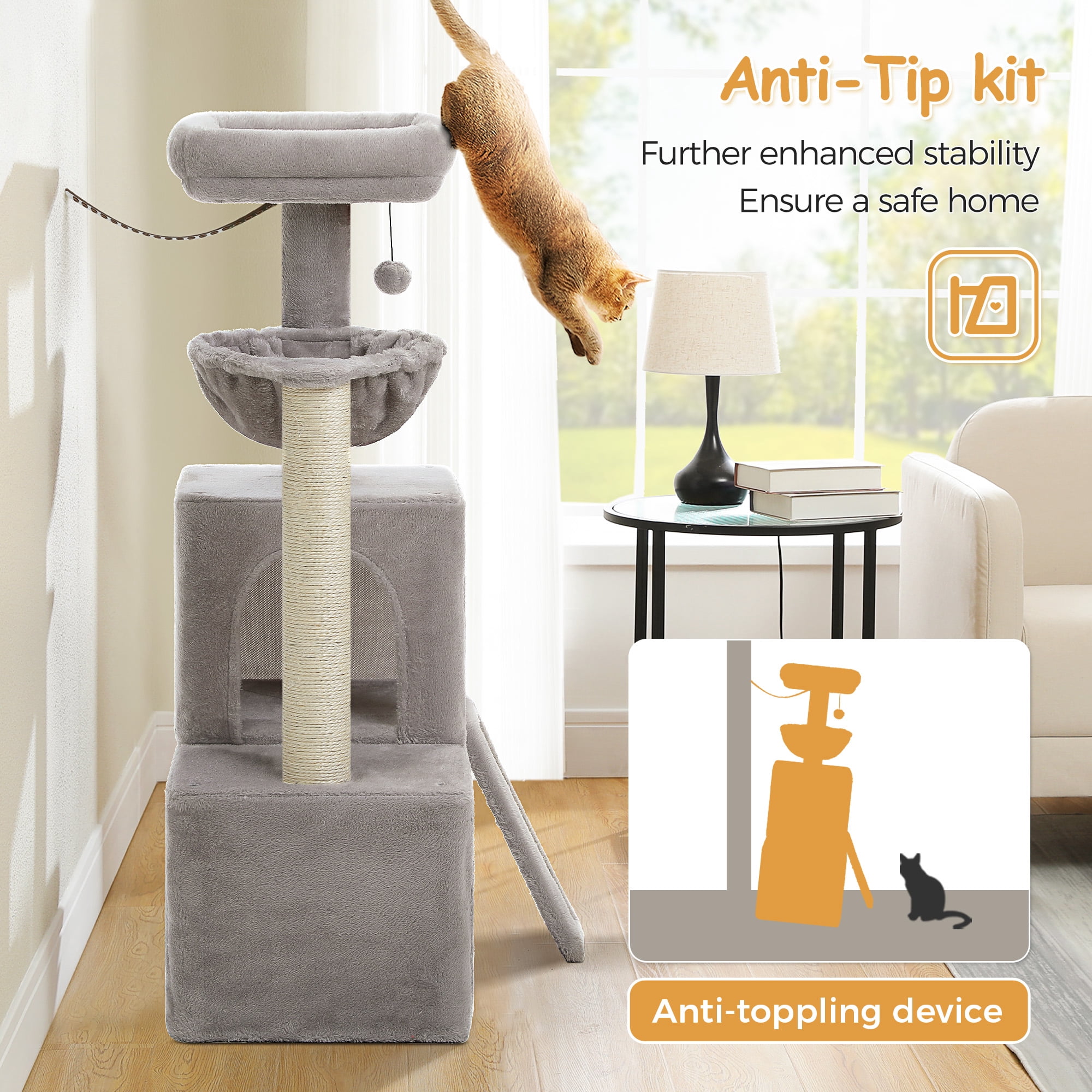 PAWZ Road 41" Cat Tree Condo with Hamock, Cat Scratcing Post Tower Ramp for Indoor Cats, Gray